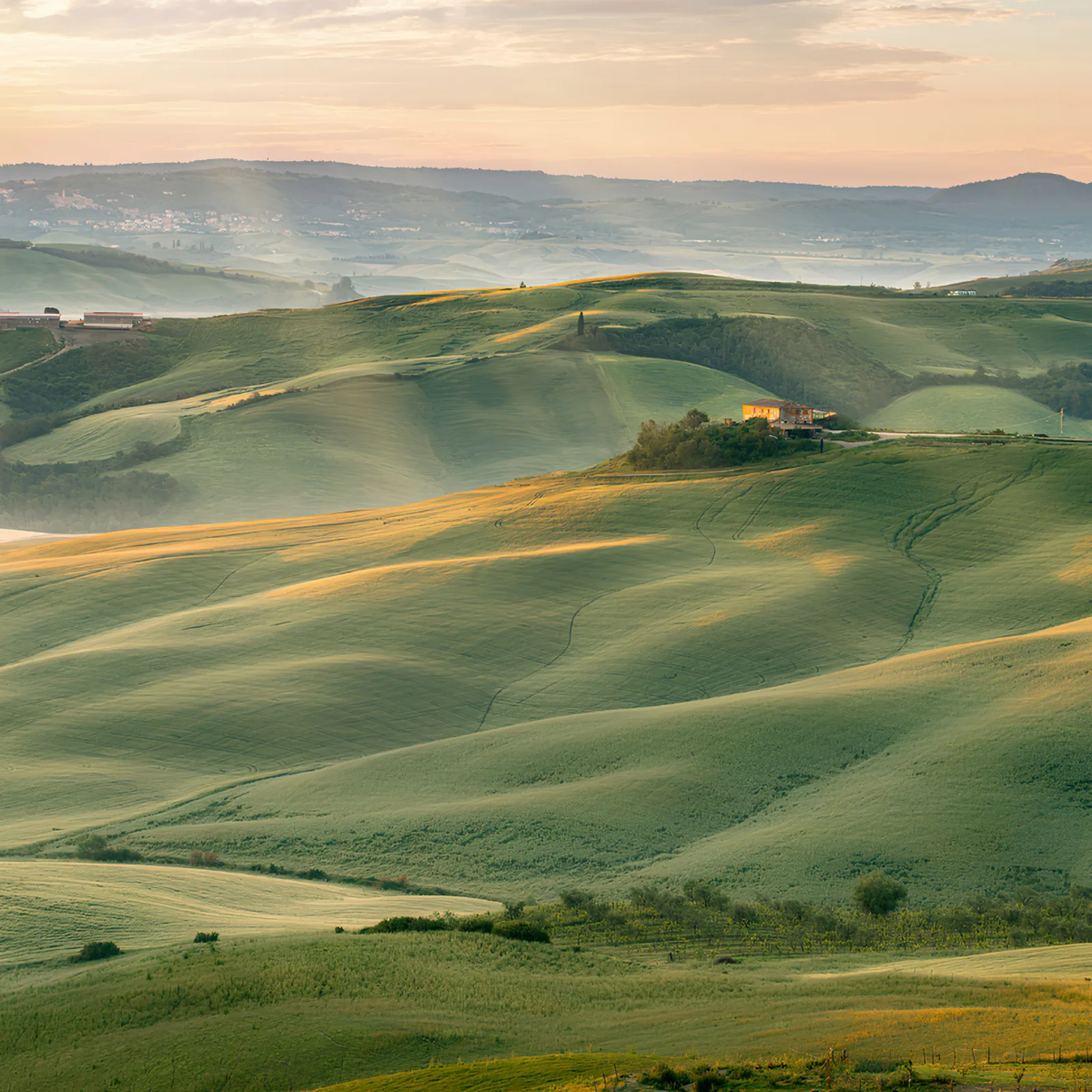 Toskana-Landschaft im Morgenlicht mit Landhaus
